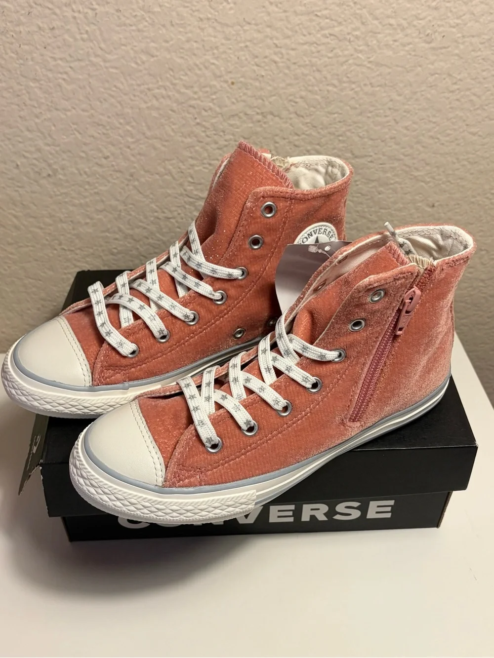 Converse Chuck Taylor All Star Side Zip Hi Rust Pink Velvet Glitter Junior 3 New